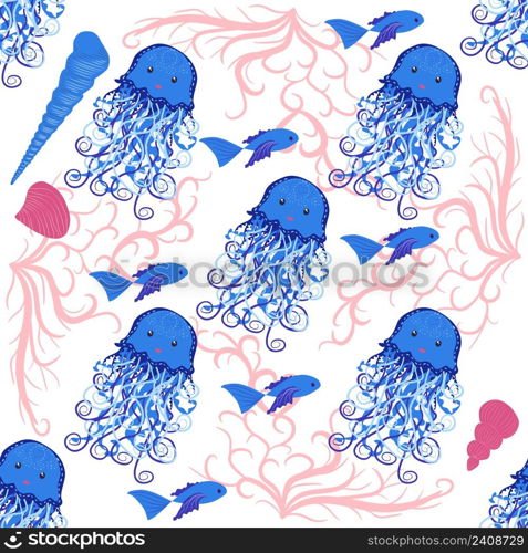 Jellyfish animals bright seamless patterns. Seamless pattern with detailed jellyfish. cute hand drawn fishes and jellyfishes in doodle style. Trendy nursery background.. Seamless pattern with detailed transparent jellyfish. Childish seamless pattern with cute hand drawn fishes and jellyfishes in doodle style. Trendy nursery background
