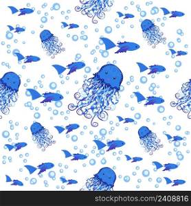 Jellyfish animals bright seamless patterns. Seamless pattern with detailed jellyfish. cute hand drawn fishes and jellyfishes in doodle style. Trendy nursery background.. Seamless pattern with detailed transparent jellyfish. Childish seamless pattern with cute hand drawn fishes and jellyfishes in doodle style. Trendy nursery background