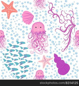 Jellyfish animals bright seamless patterns. Seamless pattern with detailed jellyfish. cute hand drawn fishes and jellyfishes in doodle style. Trendy nursery background.. Seamless pattern with detailed transparent jellyfish. Childish seamless pattern with cute hand drawn fishes and jellyfishes in doodle style. Trendy nursery background