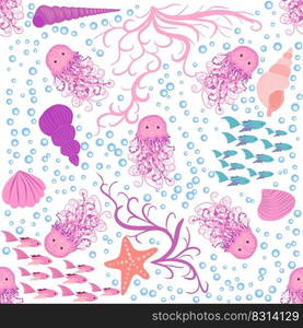 Jellyfish animals bright seamless patterns. Seamless pattern with detailed jellyfish. cute hand drawn fishes and jellyfishes in doodle style. Trendy nursery background.. Seamless pattern with detailed transparent jellyfish. Childish seamless pattern with cute hand drawn fishes and jellyfishes in doodle style. Trendy nursery background