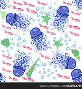 Jellyfish animals bright seamless patterns. Seamless pattern with detailed jellyfish. cute hand drawn fishes and jellyfishes in doodle style. Trendy nursery background.. Seamless pattern with detailed transparent jellyfish. Childish seamless pattern with cute hand drawn fishes and jellyfishes in doodle style. Trendy nursery background