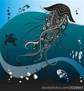 Jellyfish creative underwater life pattern with blue background. Vector artistic illustration.