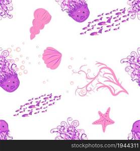 Jellyfish, fish, animals bright seamless patterns. Sea travel, snorkeling with animals, tropical fish. Jellyfish, fish, animals bright seamless patterns. Sea travel, snorkeling with animals, tropical fish.
