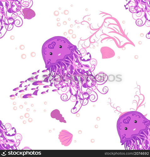 Jellyfish, fish, animals bright seamless patterns. Sea travel, snorkeling with animals, tropical fish. Jellyfish, fish, animals bright seamless patterns. Sea travel, snorkeling with animals, tropical fish.