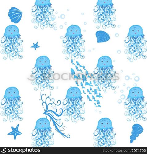 Jellyfish, fish, animals bright seamless patterns. Sea travel, snorkeling with animals, tropical fish. Jellyfish, fish, animals bright seamless patterns. Sea travel, snorkeling with animals, tropical fish.