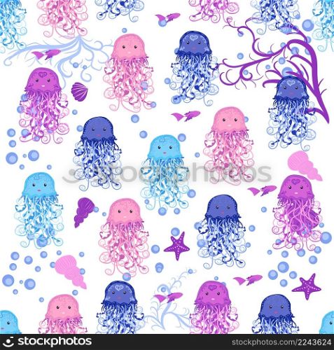 Jellyfish, fish, animals bright seamless patterns. Sea travel, snorkeling with animals, tropical fish.. Jellyfish, fish, animals bright seamless patterns. Sea travel, snorkeling with animals, tropical fish