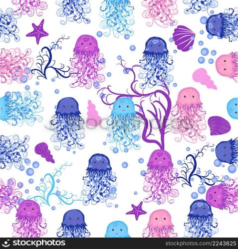 Jellyfish, fish, animals bright seamless patterns. Sea travel, snorkeling with animals, tropical fish.. Jellyfish, fish, animals bright seamless patterns. Sea travel, snorkeling with animals, tropical fish