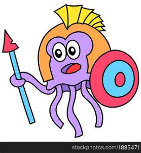 jellyfish warriors carrying shields and spears doodle kawaii. doodle icon image. cartoon caharacter cute doodle draw