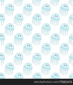 Jellyfish with faces vector, seamless pattern isolated on white background. Childish drawing of fish, medusa character with eyes and smile, aquatic animal. Jellyfish Seamless Pattern, Cute Drawn Cartoon