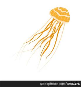 Jellyfish with long tentacles isolated on white. Yellow jellyfish with a beautiful pattern and flexible tentacles. Vector EPS10.