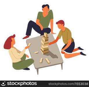Jenga family playing board game isolated characters wooden sticks building tower entertainment son mother and father table leisure pastime or activity construction and accuracy parents and child. Family playing board game jenga isolated characters