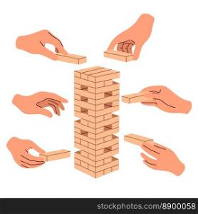 Jenga game. Game for kids and adults. Wooden block stack holding in hand. Board game, table game