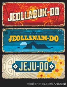 Jeollabuk-do, Jeollanam-do and Jeju Korean provinces tin signs. South Korea regions vintage plates, provinces grunge sins with bamboo stems, seacoast sunset landscape and hibiscus flowers symbols. North and South Jeolla, Jeju Korea province plates