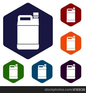 Jerrycan icons set rhombus in different colors isolated on white background. Jerrycan icons set