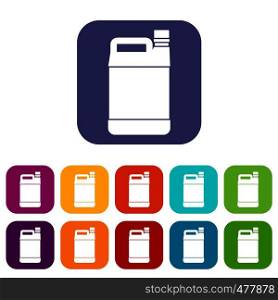 Jerrycan icons set vector illustration in flat style in colors red, blue, green, and other. Jerrycan icons set