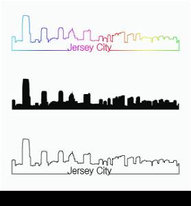 Jersey City skyline linear style with rainbow in editable vector file