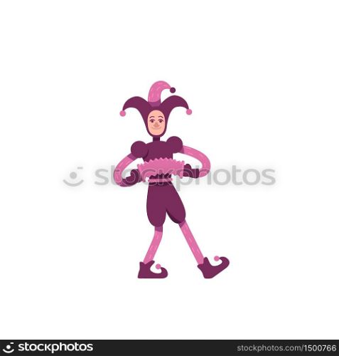 Jester flat color vector character. Medieval clown playing musical instruments. Joker performance. Middle Ages entertainer isolated cartoon illustration for web graphic design and animation. Jester flat color vector character
