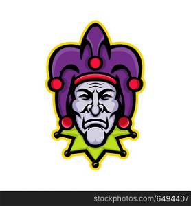 Jester Head Mascot. Mascot icon illustration of head of a jester, court jester, or fool, historically an entertainer during the medieval and Renaissance eras viewed from front on isolated background in retro style.. Jester Head Mascot