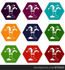 Jester icon set many color hexahedron isolated on white vector illustration. Jester icon set color hexahedron