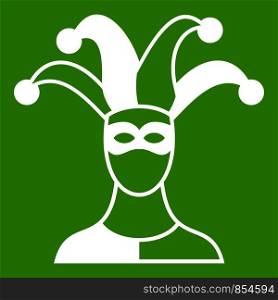 Jester icon white isolated on green background. Vector illustration. Jester icon green