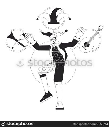 Jester person archetype bw concept vector spot illustration. Joker entertains by musical instrument 2D cartoon flat line monochromatic character for web UI design. Editable isolated outline hero image. Jester person archetype bw concept vector spot illustration