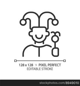 Jester pixel perfect linear icon. Archetype. Personality trait. Funny and spontaneous character. Psychoanalytic theory. Thin line illustration. Contour symbol. Vector outline drawing. Editable stroke. Jester pixel perfect linear icon