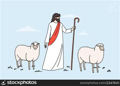 Jesus Christ and lambs walk in field. Biblical story of Jesus as shepherd. Concept of religion and faith. Religious scene, superstition and belief. Flat vector illustration, cartoon character. . Biblical scene of Jesus Christ and lambs