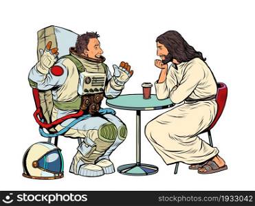 Jesus Christ is talking to a male astronaut. Christianity and religion, preaching. Pop Art Retro Vector Illustration Kitsch Vintage 50s 60s Style. Jesus Christ is talking to a male astronaut. Christianity and religion, preaching
