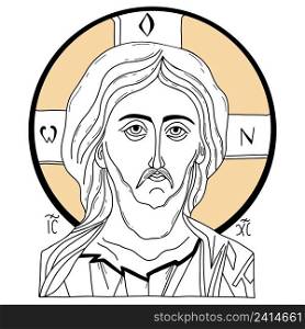 Jesus Christ portrait icon. Savior Christ Ruler of All. Vector illustration. Linear hand drawing, outline. For design and decoration of Orthodox and Catholic religious holidays