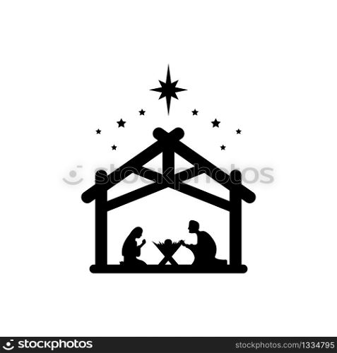 Jesus Christ was born symbol sign. Mary and Joseph bowed to the newborn Savior in a stable. Vector EPS 10