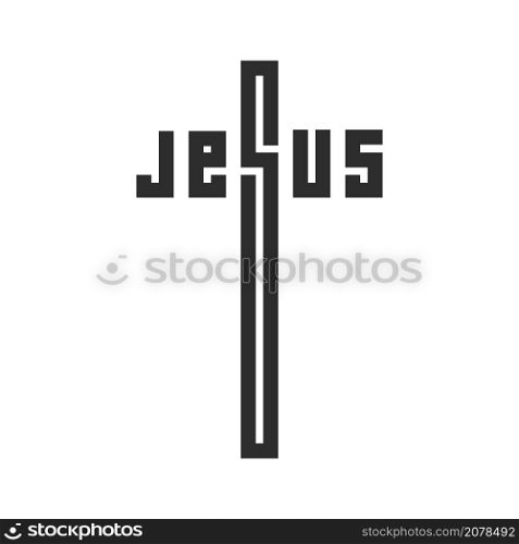 JESUS. Creative emblem. Stylized text in the shape of a crucifix. Flat isolated Christian vector illustration, biblical background.. JESUS. Creative emblem. Stylized text in the shape of a crucifix. Flat isolated Christian illustration