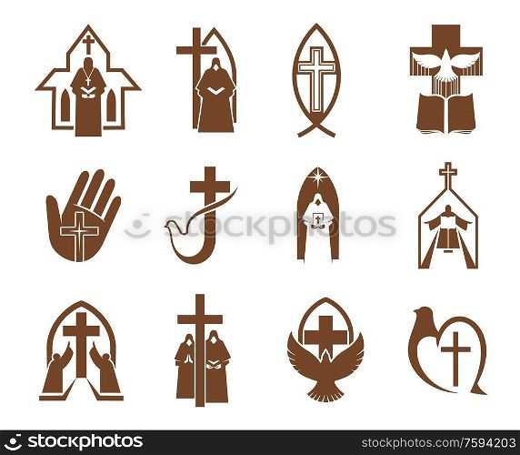 Jesus cross, Bible and dove icons of religion vector design. Christian and catholic churches, prayer, priest and angel, holy book, bird, crucifix and fish brown symbols, faith and religious themes. Religion cross, Jesus god, Bible and dove icons