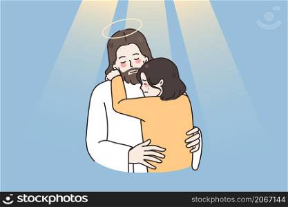 Jesus hug comfort crying girl child feel supportive show love and care. Christ embrace support unhappy sad kid distressed with problems. Faith and religion. Believer in God. Vector illustration. . Jesus hug comfort unhappy small girl child