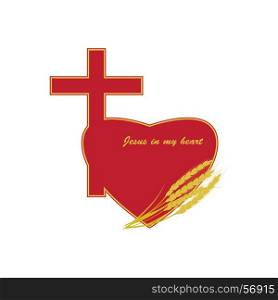 Jesus in my heart. Christian cross and heart in red color. Ears of wheat against the background of the logo.