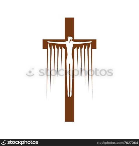 Jesus on cross isolated crucifix. Vector religion symbol, crucifixion Christ, christian or catholic god. Crucifix with Jesus Christ isolated crucifixion