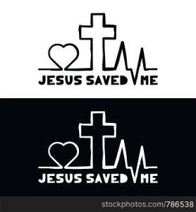 Jesus saved me text with Heartbeat icon and Christian cross. Outline hand draw Heart rate pulse.