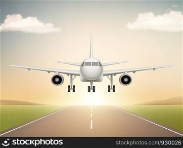 Jet aeroplane on runway. Aircraft takeoff from civil airline to blue sky realistic vector background illustrations. Travel plane in air, aircraft flight transportation. Jet aeroplane on runway. Aircraft takeoff from civil airline to blue sky realistic vector background illustrations