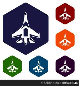 Jet fighter plane icons set rhombus in different colors isolated on white background. Jet fighter plane icons set