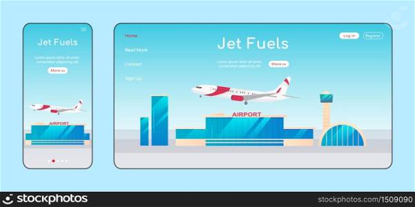 Jet fuels adaptive landing page flat color vector template. Airline company mobile and PC homepage layout. Airport one page website UI. Aircraft refueling station webpage cross platform design
