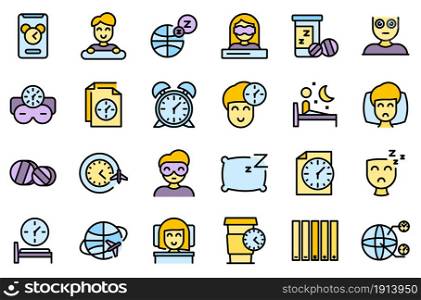 Jet lag icons set. Outline set of jet lag vector icons thin line color flat isolated on white. Jet lag icons set line color vector