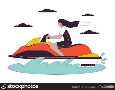 Jet ski riding flat line vector spot illustration. Swimwear arab woman on water scooter 2D cartoon outline character on white for web UI design. Watercraft jetski editable isolated colorful hero image. Jet ski riding flat line vector spot illustration