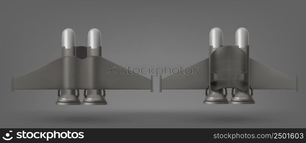 Jetpack top and bottom view, isolated 3d vector device for flying. Jet pack futuristic mechanical turbo engine with wings, pilot aviation, super hero suit, scientific invention, Realistic illustration. Jetpack top and bottom view isolated vector device