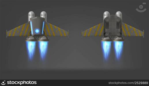 Jetpack with blue fire and yellow stripes on wings, top and bottom view, isolated 3d vector device for flying. Jet pack futuristic mechanical turbo engine with wings for pilot, realistic illustration. Jetpack with fire top and bottom view isolated