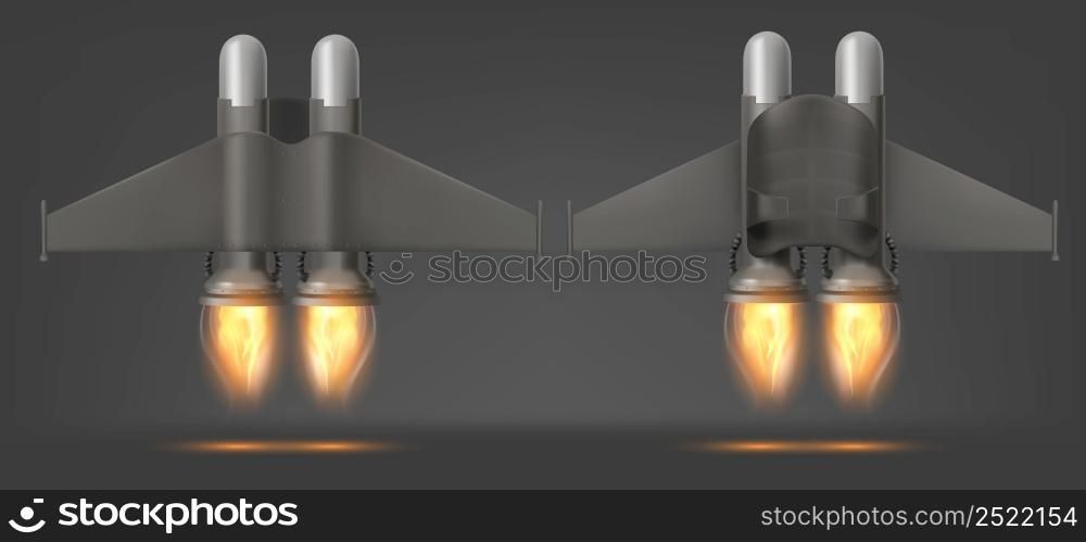 Jetpack with fire top and bottom view, isolated 3d vector device for flying. Jet pack futuristic mechanical turbo engine with wings, pilot aviation, super hero suit, realistic illustration. Jetpack with fire top and bottom view isolated