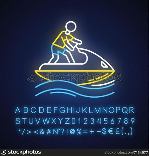 Jetskiing neon light icon. Summer activity. Jet ski riding. Man on water scooter. Watersports, extreme kind of sport. Glowing sign with alphabet, numbers and symbols. Vector isolated illustration