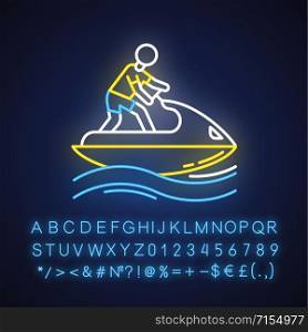 Jetskiing neon light icon. Summer activity. Jet ski riding. Man on water scooter. Watersports, extreme kind of sport. Glowing sign with alphabet, numbers and symbols. Vector isolated illustration