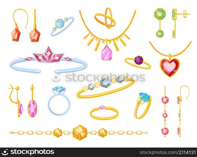 Jewel accessory items, golden earrings, rings, bracelet and pendant. Cartoon jewelry with gem stones and crystals. Accessorize vector set. Illustration of ring golden with jewelry. Jewel accessory items, golden earrings, rings, bracelet and pendant. Cartoon jewelry with gem stones and crystals. Accessorize vector set