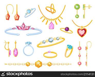 Jewel accessory items, golden earrings, rings, bracelet and pendant. Cartoon jewelry with gem stones and crystals. Accessorize vector set. Illustration of ring golden with jewelry. Jewel accessory items, golden earrings, rings, bracelet and pendant. Cartoon jewelry with gem stones and crystals. Accessorize vector set