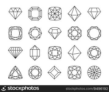 Jewel diamond. Diamonds gems, luxury gemstones and precious crystals, faceted brilliant. Isolated vector line treasure icon set. Black outlines shapes of jewelry isolated collection. ewel diamond. Diamonds gems, luxury gemstones and precious crystals, faceted brilliant. Isolated vector line treasure icon set