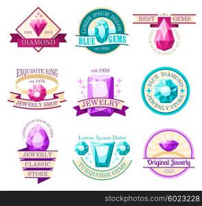 Jewel Emblems Set . Jewel emblems set with jewelry store and original jewelry symbols flat isolated vector illustration